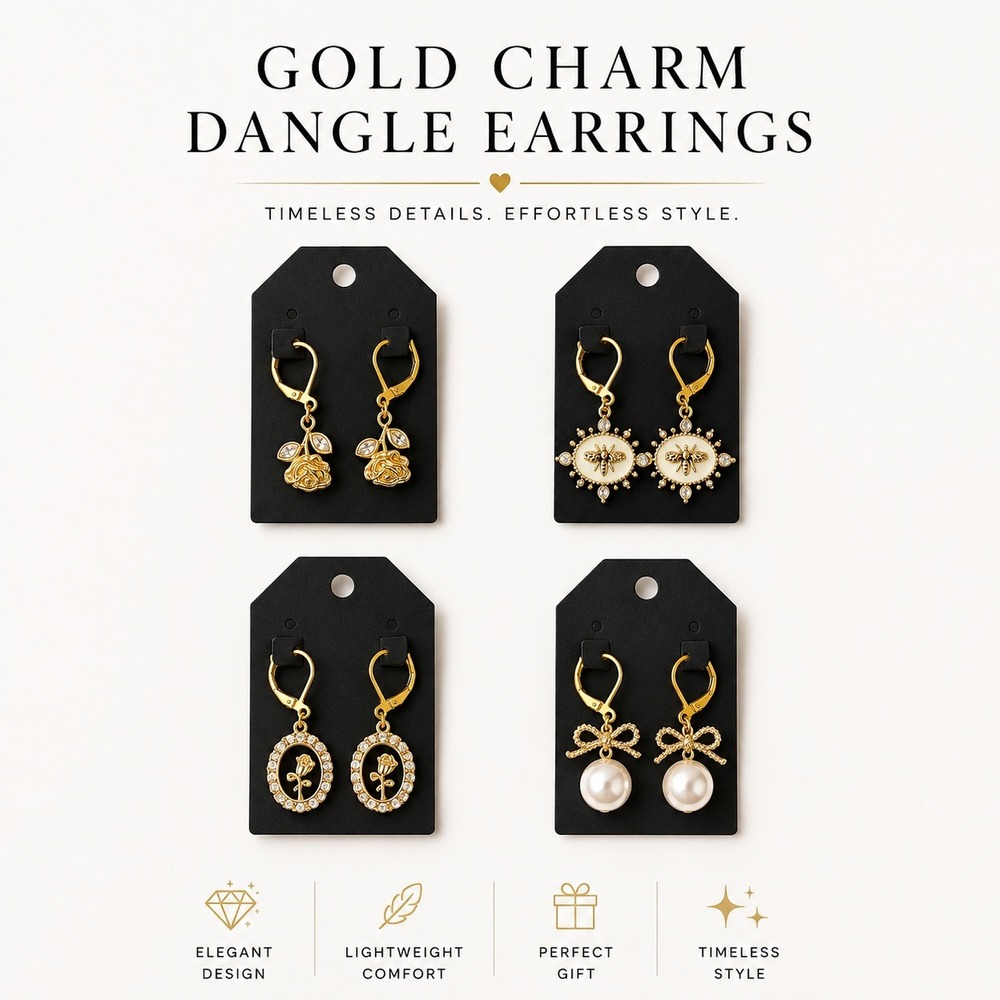Gold Tone Leverback Earring Set‎ 4 Pairs Faux Pearl Bee Rose Bow Vintage Style